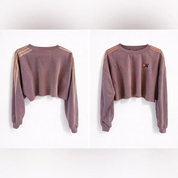 Aviator Nation CLASSIC STRIPE CROPPED CREW SWEATSHIRT RELAXED - FADED MOCHA - Picture 3 of 7